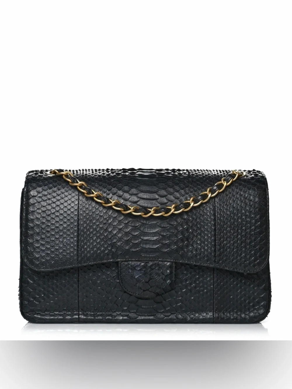 Black Genuine Python Chain Crossbody Bag Double Flap GHW
